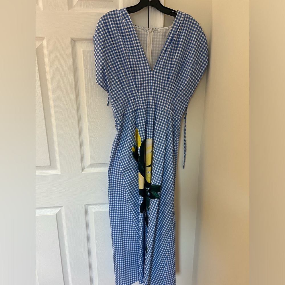 LELA ROSE BlUE Gingham Floral Print V-Neck Midi Dress